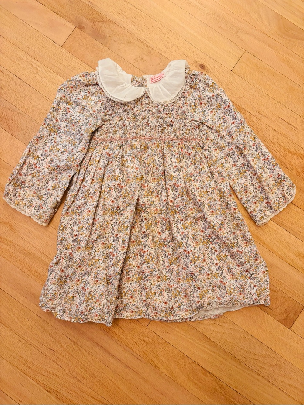 La Coqueta Smocked Floral Dress with White Lace Collar - Size 4